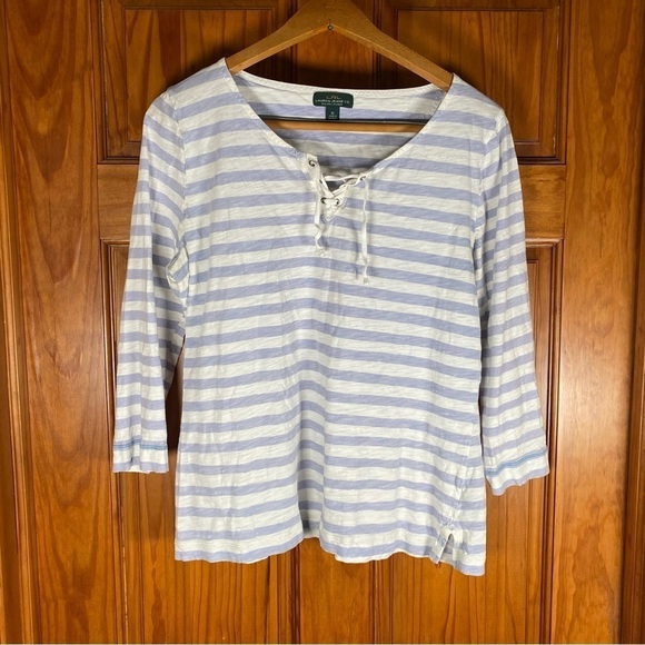 LRL Jeans 100% Cotton Striped Top with Shoestring Neckline - Picture 1 of 6